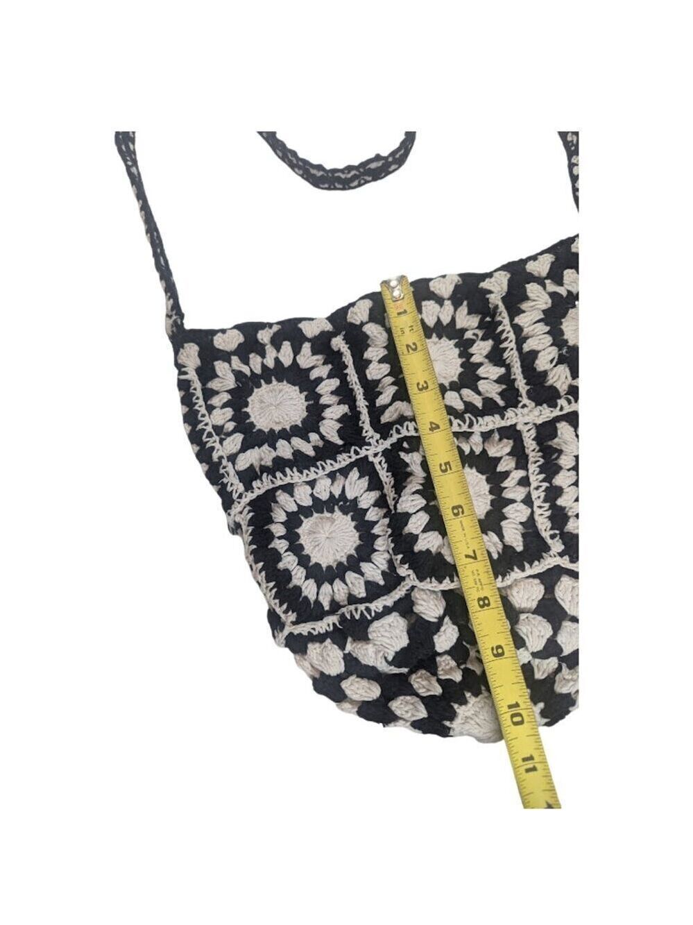 Handmade Black & White Crochet Shoulder Bag Boho Festival Bucket Tote - Picture 3 of 5
